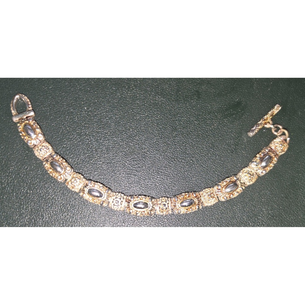 Vintage Silver and Gold Tone Ornate Link Bracelet Two Tone Toggle Clasp